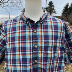 Duluth Trading Co Blue/Red/Navy/Orange Plaid Untucked SlimFit S/S Shirt Mens 2XL